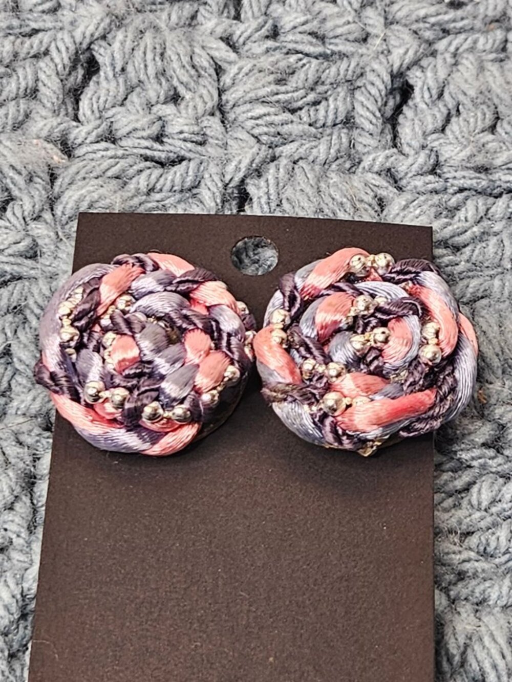 Artisan Satin Ribbon Stud Earrings Silvertone Beaded 1 1/8 inches